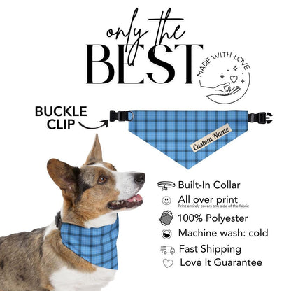 Personalized Blue Plaid Pet Bandana Collar Custom Name Dog-Cat Bandana with Built-In Adjustable Collar Cute Soft Polyester Plaid Pet Bandana