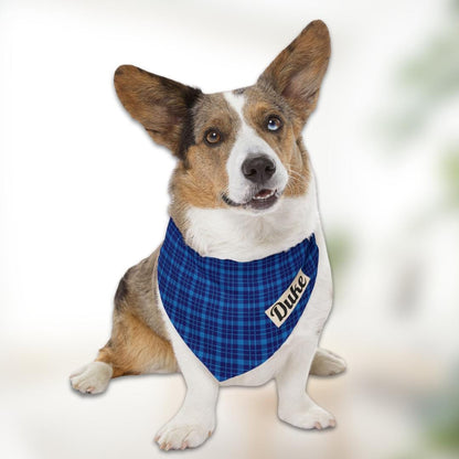 Personalized Blue Plaid Pet Bandana Collar Custom Name Dog-Cat Bandana with Built-In Adjustable Collar Cute Soft Polyester Plaid Pet Bandana