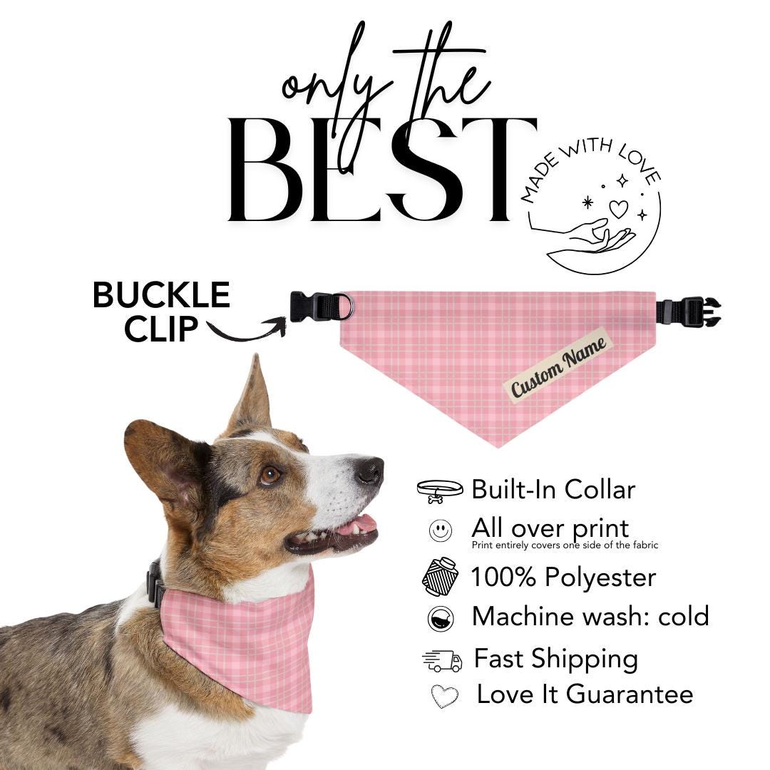 Personalized Pink Plaid Pet Bandana Collar Custom Name Dog Bandana with Built-In Adjustable Collar Soft Pet Bandana Gift for Pet Lovers