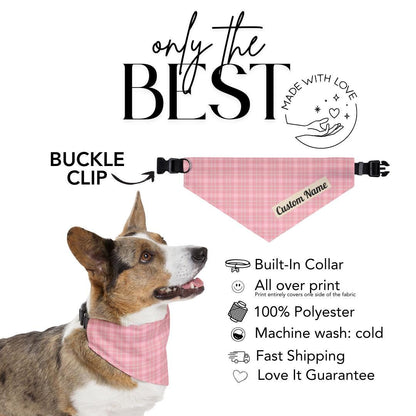 Personalized Pink Plaid Pet Bandana Collar Custom Name Dog Bandana with Built-In Adjustable Collar Soft Pet Bandana Gift for Pet Lovers
