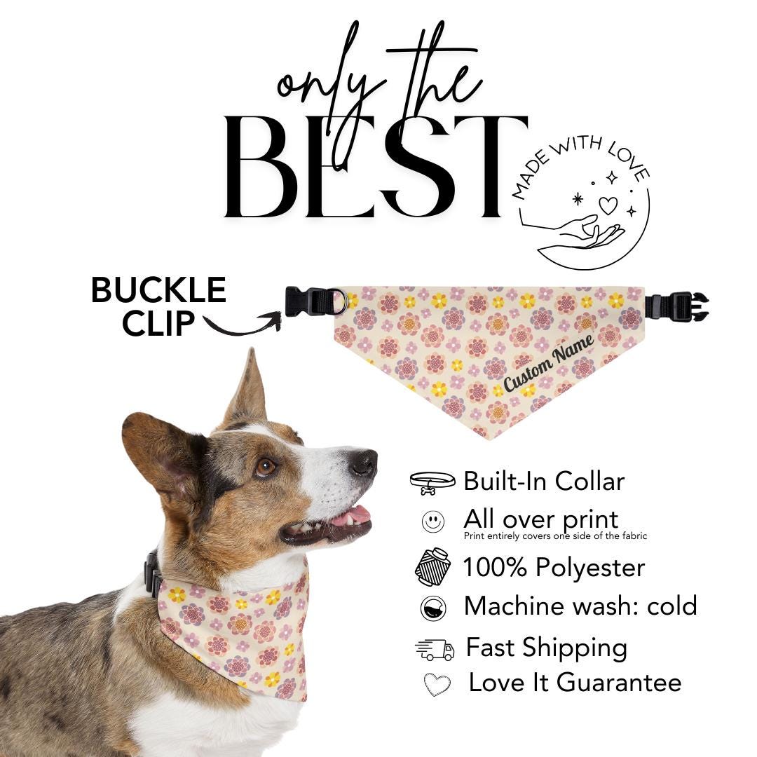 Personalized Floral Pet Bandana Collar Custom Pet Bandana with Name Adjustable Collar Cute Flower Print Perfect for Walks Photos & Gifts