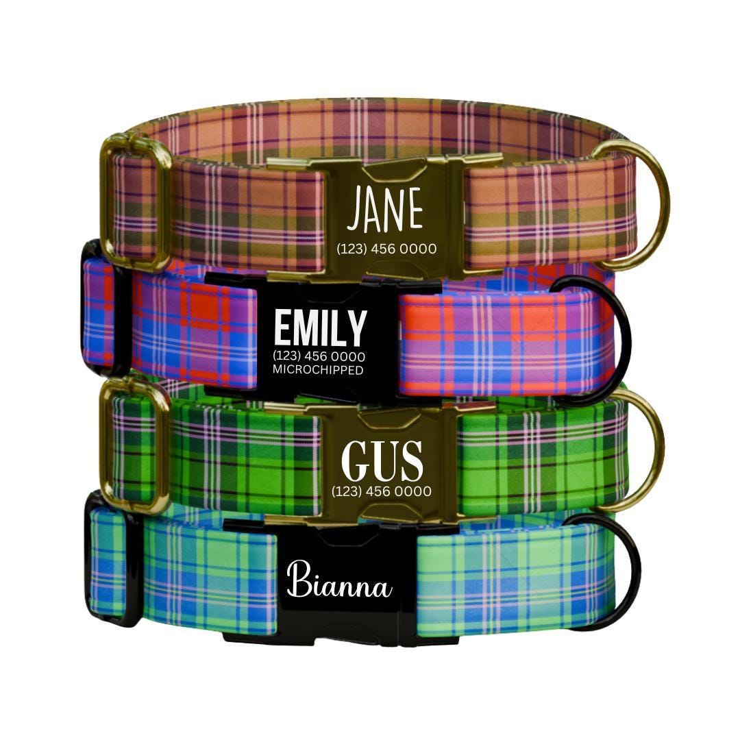 Personalized Plaid Dog Collar with Name Engraved Custom Adjustable Collar Plaid  Dog Collar & Leash Set Plaid Collar Gift for Dogs (OG-212)