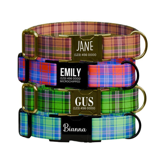 Personalized Plaid Dog Collar with Name Engraved Custom Adjustable Collar Plaid  Dog Collar & Leash Set Plaid Collar Gift for Dogs (OG-212)