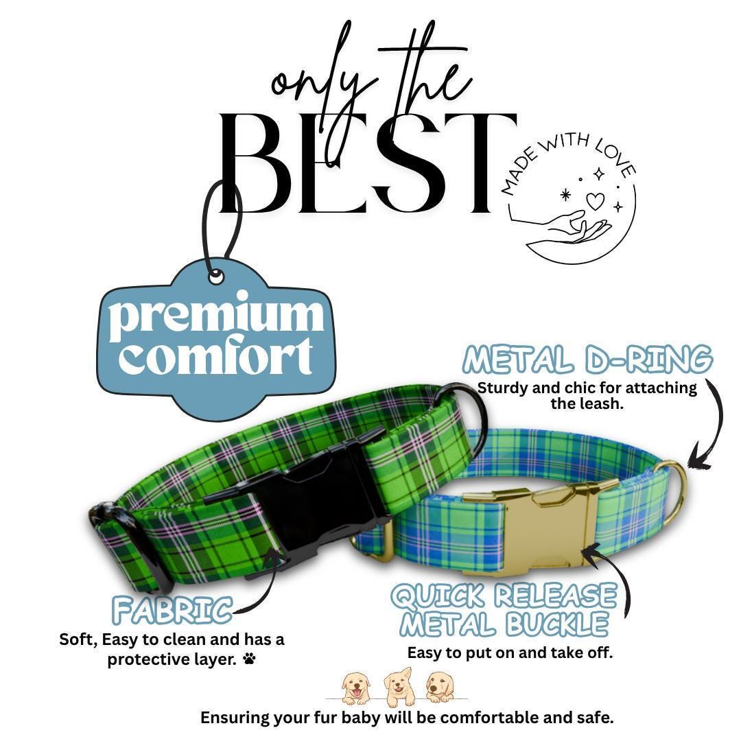 Personalized Plaid Dog Collar with Name Engraved Custom Adjustable Collar Plaid  Dog Collar & Leash Set Plaid Collar Gift for Dogs (OG-212)