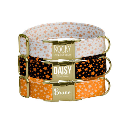Personalized Star Dog Collar with Name Engraved Cute and Soft Adjustable Collar & Leash Set Black Gold Buckle Handmade Dog Gift (OG-147)