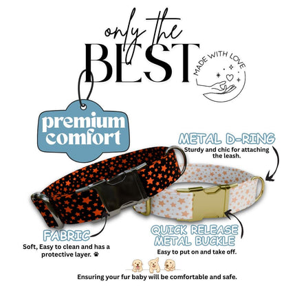 Personalized Star Dog Collar with Name Engraved Cute and Soft Adjustable Collar & Leash Set Black Gold Buckle Handmade Dog Gift (OG-147)