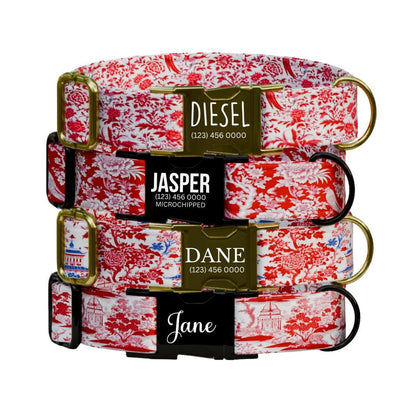 Personalized Red Chinoiserie Dog Collar with Name Engraved Cute Elegant Oriental Inspired Pattern Collar & Leash Set Gift for Dogs (OG-214)