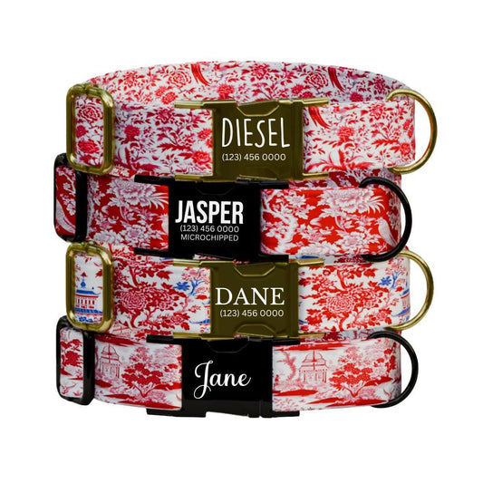Personalized Red Chinoiserie Dog Collar with Name Engraved Cute Elegant Oriental Inspired Pattern Collar & Leash Set Gift for Dogs (OG-214)