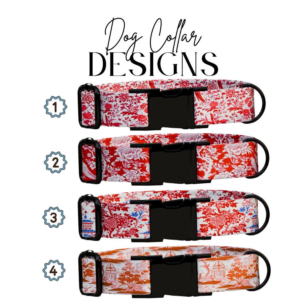 Personalized Red Chinoiserie Dog Collar with Name Engraved Cute Elegant Oriental Inspired Pattern Collar & Leash Set Gift for Dogs (OG-214)