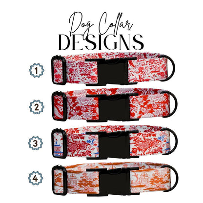 Personalized Red Chinoiserie Dog Collar with Name Engraved Cute Elegant Oriental Inspired Pattern Collar & Leash Set Gift for Dogs (OG-214)