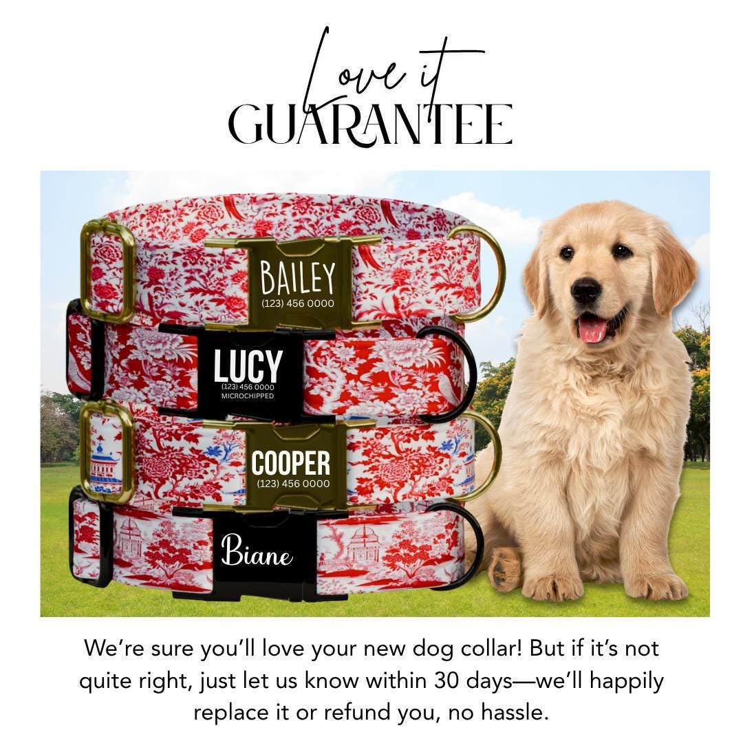 Personalized Red Chinoiserie Dog Collar with Name Engraved Cute Elegant Oriental Inspired Pattern Collar & Leash Set Gift for Dogs (OG-214)