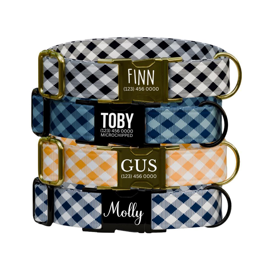 Personalized Gingham Dog Collar with Name Engraved Cute and Soft Adjustable Collar & Leash Set Plaid Dog Collar Gift for Dog Lovers (OG-155)