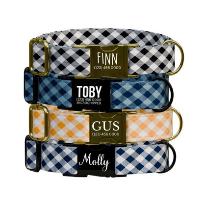 Personalized Gingham Dog Collar with Name Engraved Cute and Soft Adjustable Collar & Leash Set Plaid Dog Collar Gift for Dog Lovers (OG-155)