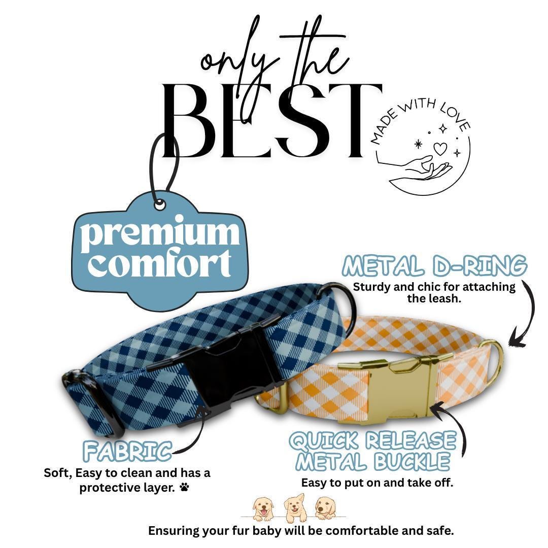 Personalized Gingham Dog Collar with Name Engraved Cute and Soft Adjustable Collar & Leash Set Plaid Dog Collar Gift for Dog Lovers (OG-155)