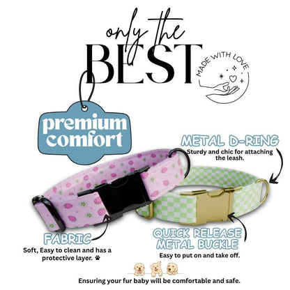 Personalized Strawberry Checkered Dog Collar with Name Engraved Custom Pet Name ID Collar for Dog Collar & Leash Set Pink Dog Gift (OG-192)