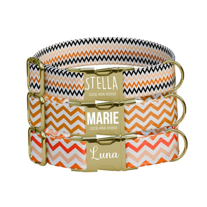 Personalized Chevron Halloween Dog Collar with Name Engraved Cute and Soft Adjustable Collar & Leash Set, Spooky ID Tag Dog Gift (OG-135)