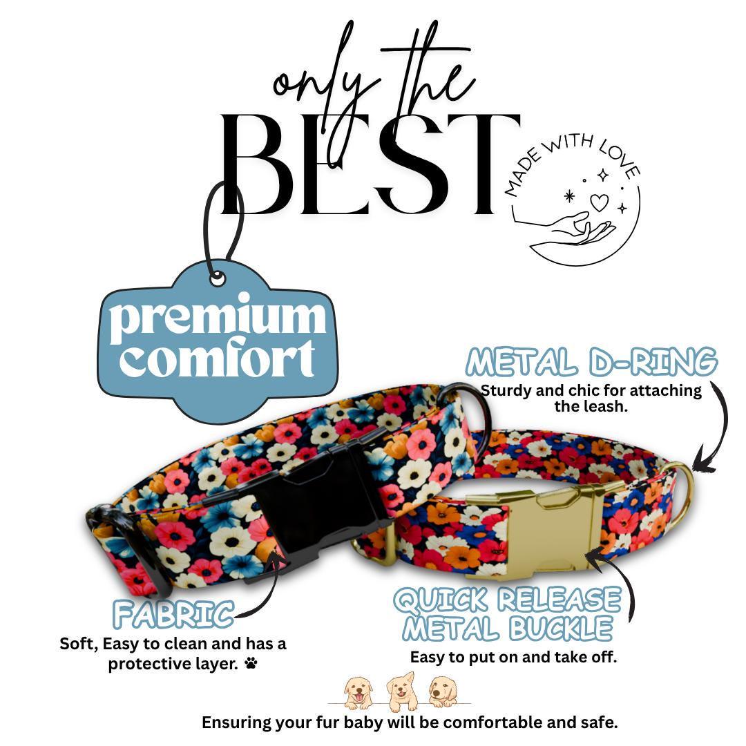 Personalized Bright Floral Dog Collar for Girls with Name Engraved Cute Flower Name ID Adjustable Collar & Leash Set Gift for Dogs (OG-203)