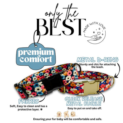 Personalized Bright Floral Dog Collar for Girls with Name Engraved Cute Flower Name ID Adjustable Collar & Leash Set Gift for Dogs (OG-203)