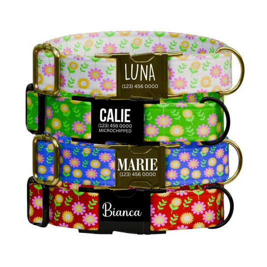 Personalized Floral Dog Collar for Girls with Name Engraved Cute Flower Pattern Name ID Adjustable Collar & Leash Set Gift for Dog (OG-202)
