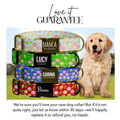 Personalized Floral Dog Collar for Girls with Name Engraved Cute Flower Pattern Name ID Adjustable Collar & Leash Set Gift for Dog (OG-202)
