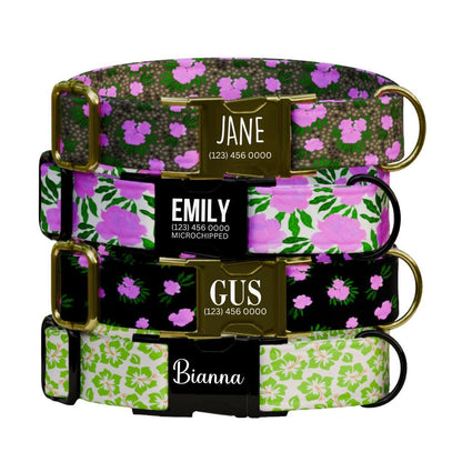 Personalized Floral Dog Collar for Girls with Name Engraved Cute and Soft Tropical Leaf Adjustable Collar & Leash Set Gift for Dog (OG-201)