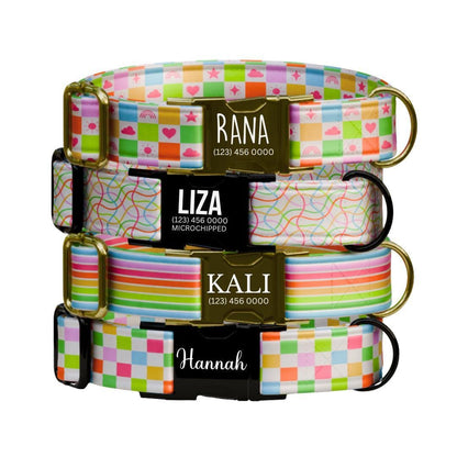 Personalized Rainbow Dog Collar with Name Engraved Custom Name Dog Tag Fun Prints Durable Metal Buckle & D-Ring Cute Gift for Dogs (OG-264)