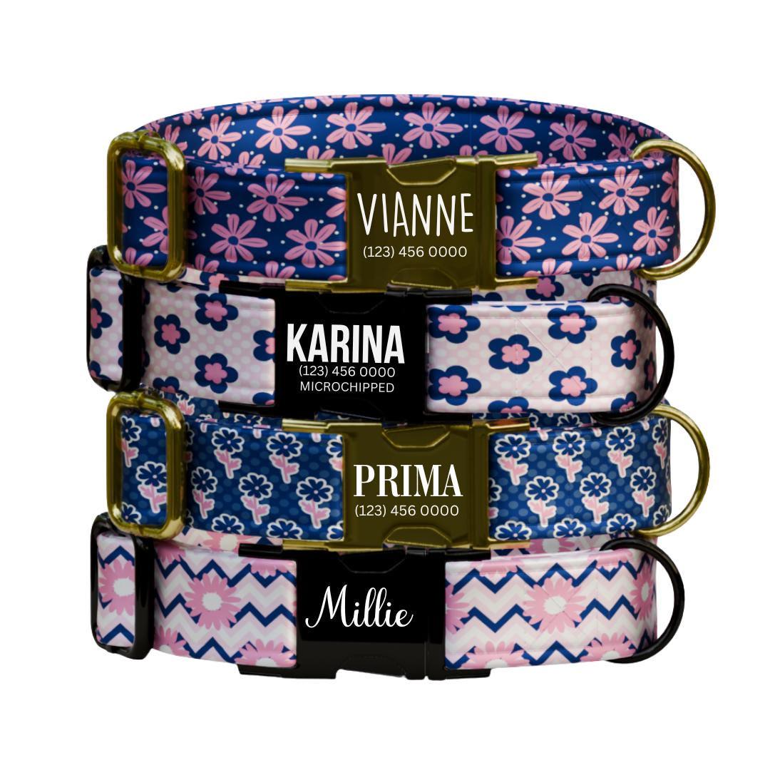 Personalized Floral Dog Collar for Girls with Name Engraved Cute Bright Flower Name ID Adjustable Collar & Leash Set Gift for Dog (OG-255)
