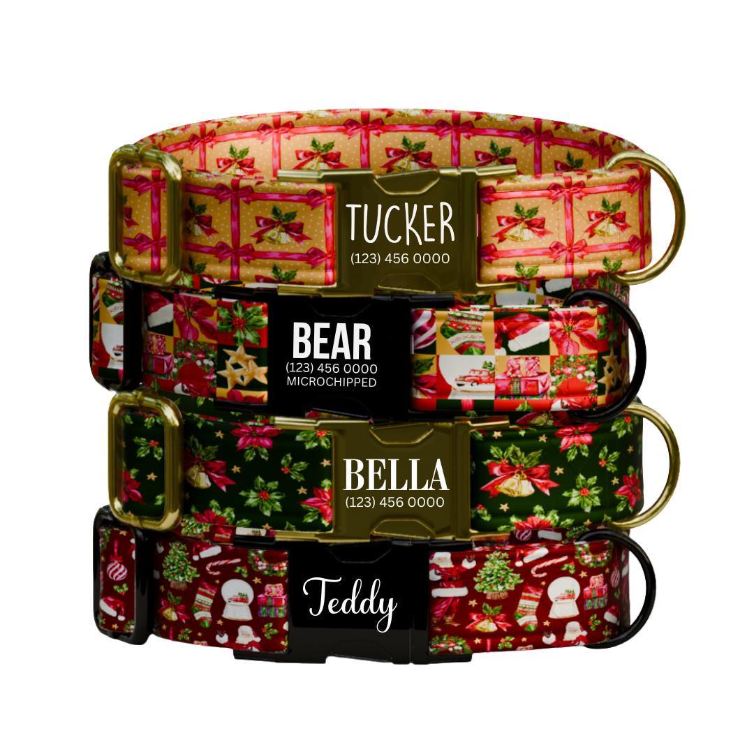 Personalized Christmas Dog Collar Custom Name Tag Festive Holiday Dog Collar with Metal Buckle & Adjustable Fit Chrismast Dog Tag (OG-243)