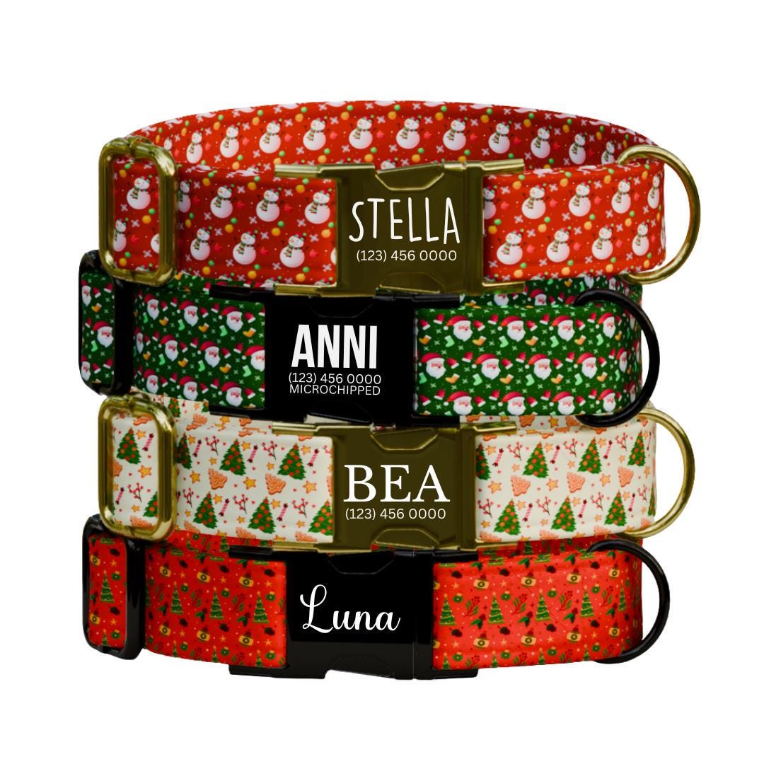 Personalized Christmas Dog Collar Custom Name Tag Holiday Pet Collar Cute Christmas Design Adjustable & Durable with Metal Buckle (OG-235)