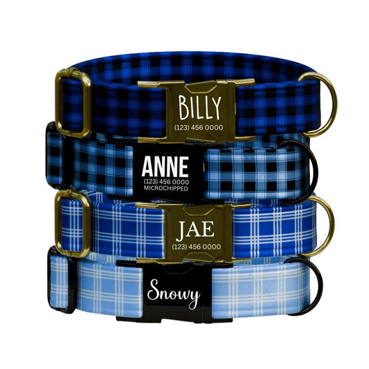 Personalized Blue Plaid Dog Collar with Name Engraved Durable Metal Buckle & D-Ring Cute Tag Classic Plaid Pattern Collar For Dogs (OG-270)