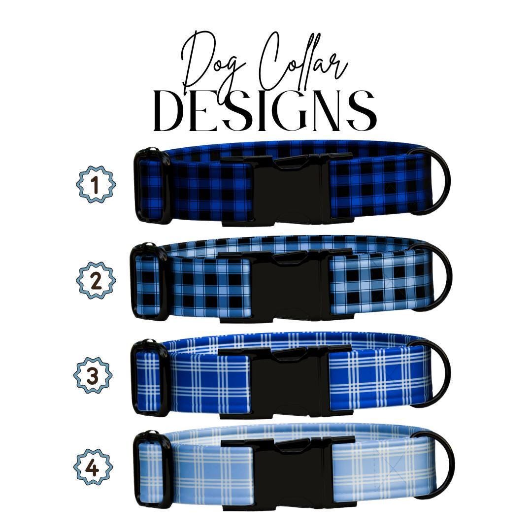 Personalized Blue Plaid Dog Collar with Name Engraved Durable Metal Buckle & D-Ring Cute Tag Classic Plaid Pattern Collar For Dogs (OG-270)