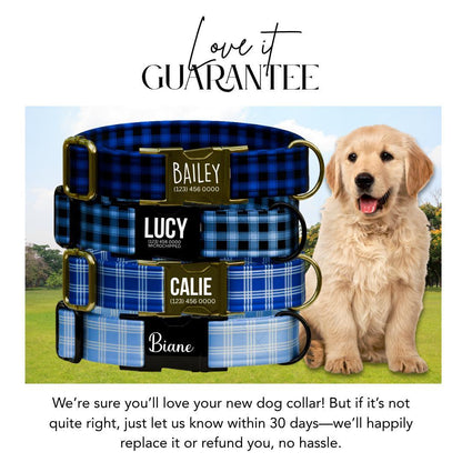 Personalized Blue Plaid Dog Collar with Name Engraved Durable Metal Buckle & D-Ring Cute Tag Classic Plaid Pattern Collar For Dogs (OG-270)