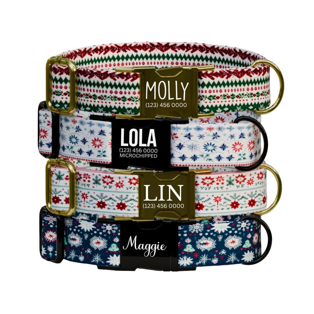 Personalized Ugly Christmas Dog Collar with Name Engraved Custom Name Tag Adjustable Collar & Leash Set Festive Flurries Dog Tag (OG-220)