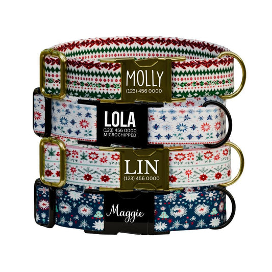 Personalized Ugly Christmas Dog Collar with Name Engraved Custom Name Tag Adjustable Collar & Leash Set Festive Flurries Dog Tag (OG-220)