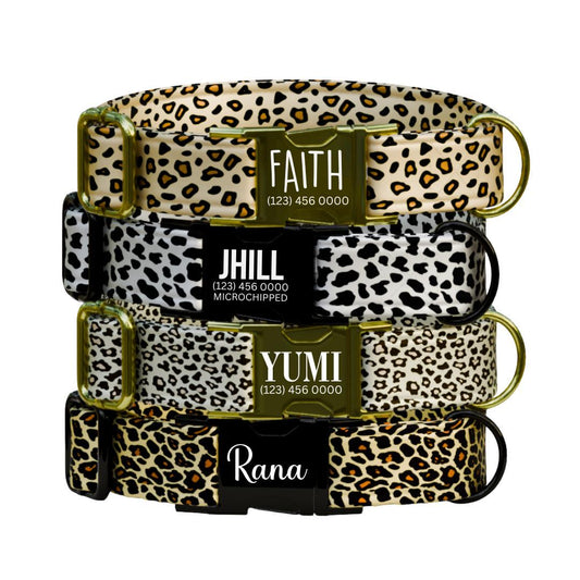 Personalized Leopard Print Dog Collar Custom Name Tag Fierce n' Fabulous Dog Collar with Metal Buckle & Adjustable Fit Dog ID Tag (OG-292)