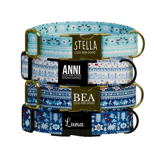 Personalized Ugly Christmas Dog Collar with Name Engraved Custom Winter Tag Adjustable Collar & Leash Set Frosty Flurries Dog Tag (OG-223)