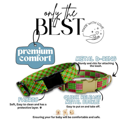 Personalized Holiday Houndstooth Plaid Dog Collar Custom Name Free Engraved Buckle Festive Plaid Tartan Style Collar Gift for Dogs (OG-210)