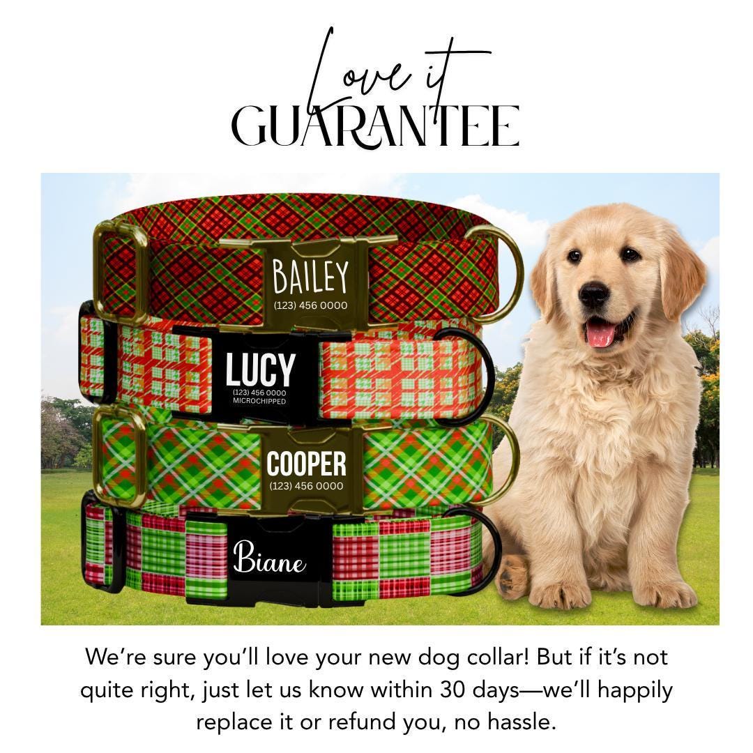 Personalized Holiday Houndstooth Plaid Dog Collar Custom Name Free Engraved Buckle Festive Plaid Tartan Style Collar Gift for Dogs (OG-210)