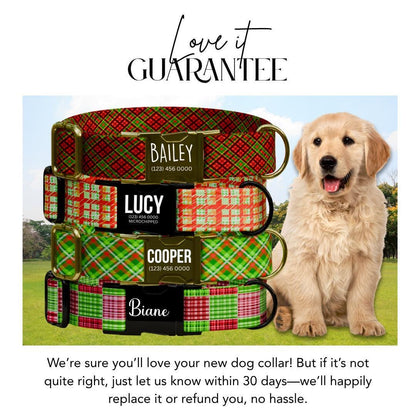 Personalized Holiday Houndstooth Plaid Dog Collar Custom Name Free Engraved Buckle Festive Plaid Tartan Style Collar Gift for Dogs (OG-210)