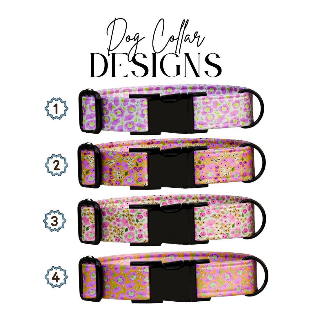 Personalized Floral Dog Collar for Girls with Name Engraved Cute Bright Flower Name ID Adjustable Collar & Leash Set Gift for Dog (OG-251)