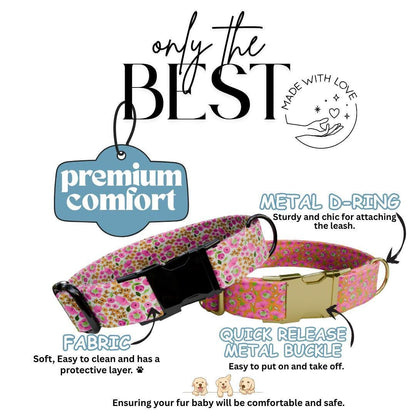 Personalized Floral Dog Collar for Girls with Name Engraved Cute Bright Flower Name ID Adjustable Collar & Leash Set Gift for Dog (OG-251)