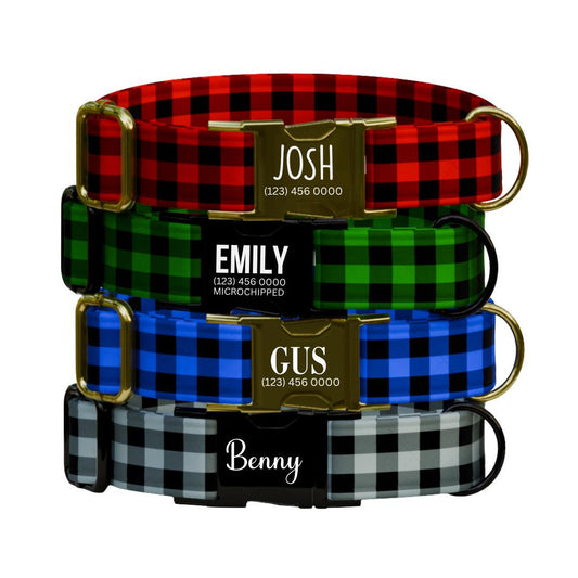 Personalized Buffalo Plaid Dog Collar with Name Engraved Custom Pet Name ID Collar for Pets Collar & Leash Set Christmas Dog Collar (OG-181)
