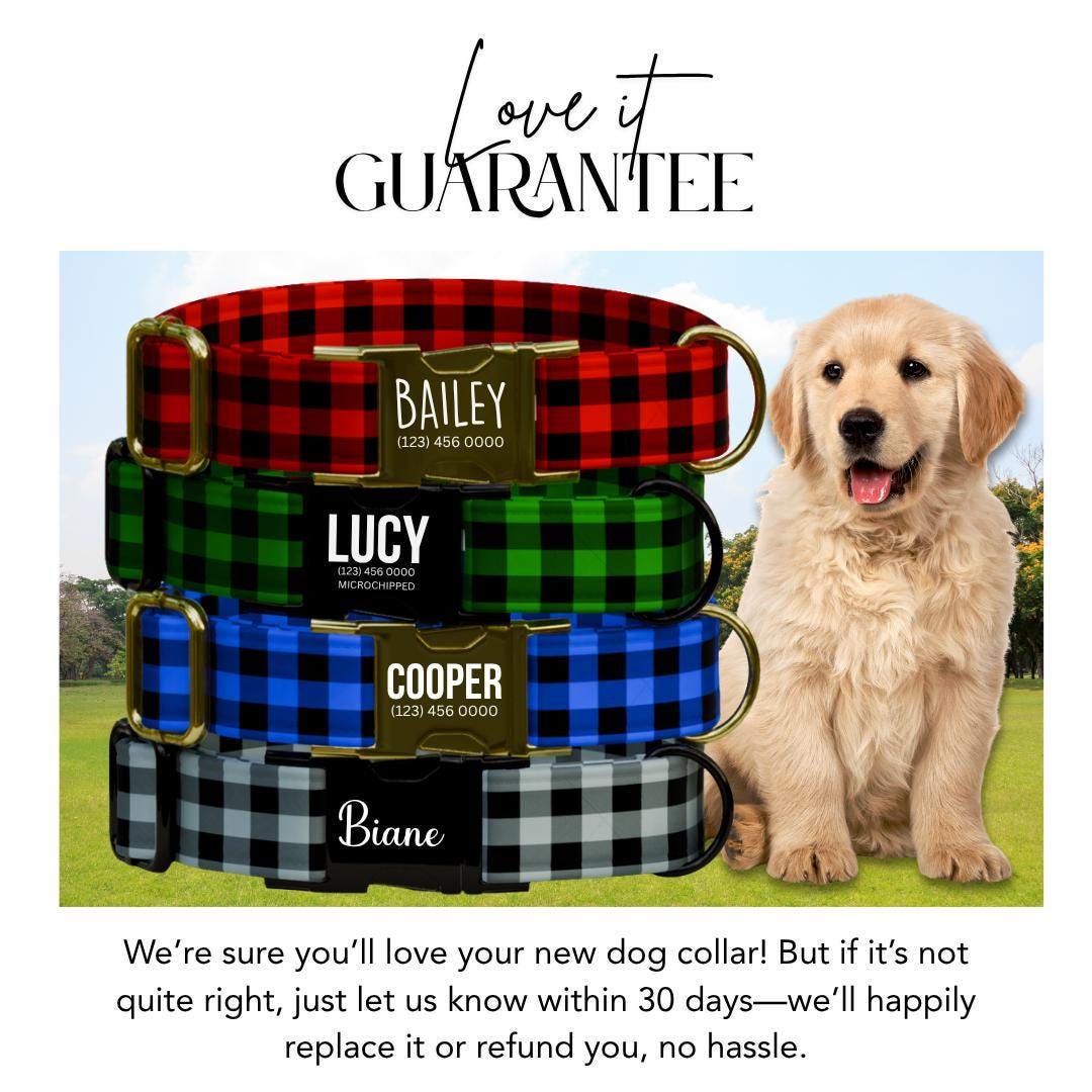 Personalized Buffalo Plaid Dog Collar with Name Engraved Custom Pet Name ID Collar for Pets Collar & Leash Set Christmas Dog Collar (OG-181)