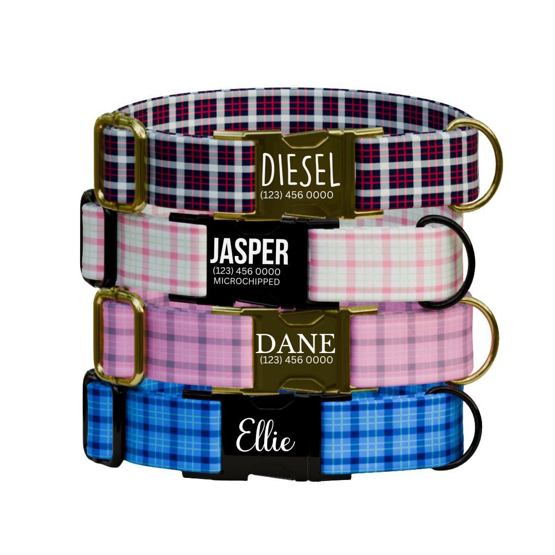 Personalized Gingham Dog Collar with Name Engraved Custom Tag Collar for Pets Collar & Leash Set Stylish Checkered Dog Collar Gift (OG-162)