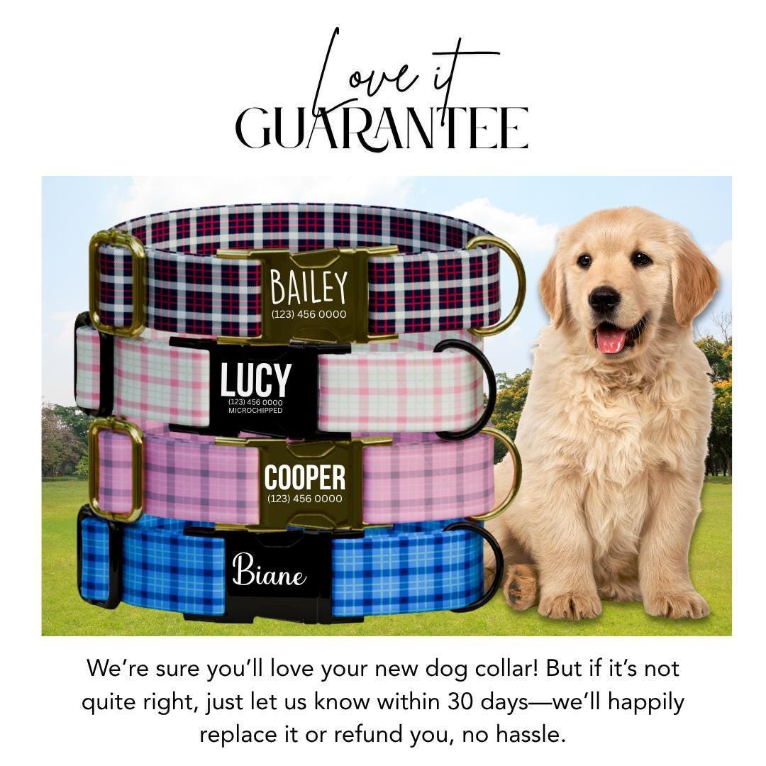 Personalized Gingham Dog Collar with Name Engraved Custom Tag Collar for Pets Collar & Leash Set Stylish Checkered Dog Collar Gift (OG-162)