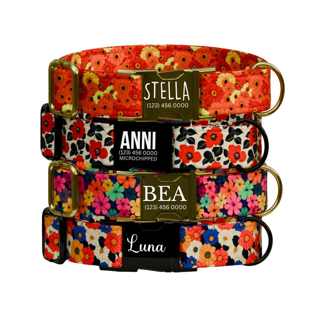 Personalized Floral Dog Collar for Girls with Name Engraved Cute Flower Pattern Name ID Adjustable Collar & Leash Set Gift for Dog (OG-206)