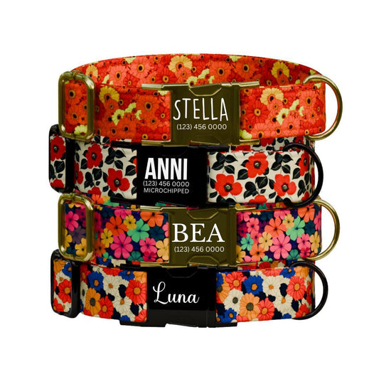 Personalized Floral Dog Collar for Girls with Name Engraved Cute Flower Pattern Name ID Adjustable Collar & Leash Set Gift for Dog (OG-206)