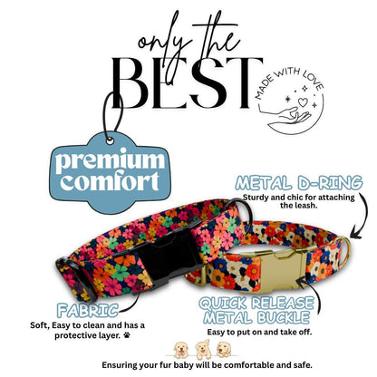 Personalized Floral Dog Collar for Girls with Name Engraved Cute Flower Pattern Name ID Adjustable Collar & Leash Set Gift for Dog (OG-206)