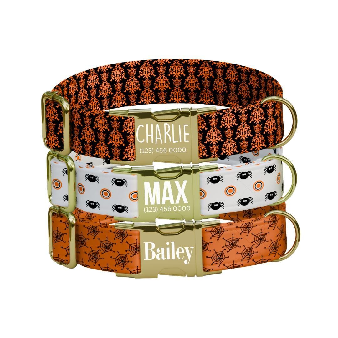 Personalized Spooky-cute Halloween Dog Collar with Name Engraved Cute and Soft Adjustable Collar & Leash Set, Pet ID Tag Dog Gift (OG-136)