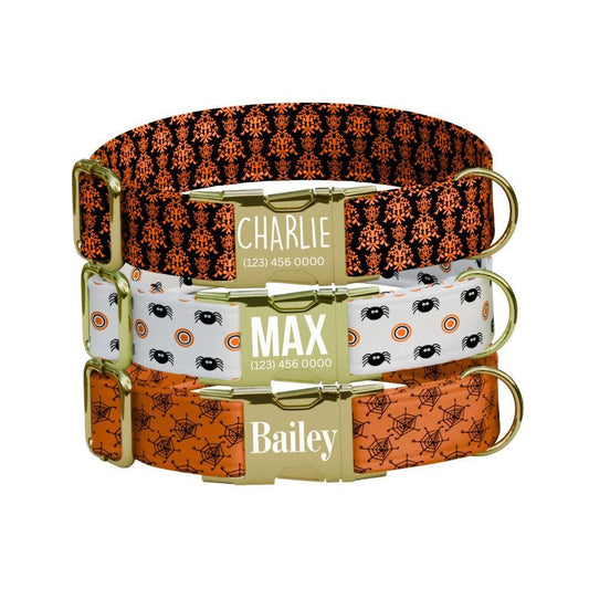 Personalized Spooky-cute Halloween Dog Collar with Name Engraved Cute and Soft Adjustable Collar & Leash Set, Pet ID Tag Dog Gift (OG-136)
